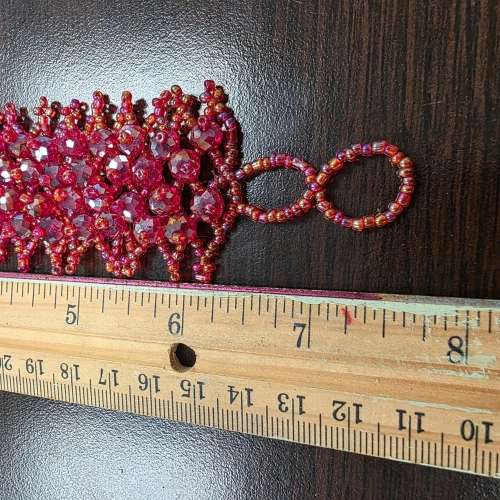 Handmade Magenta Red Beaded Cuff Bracelet Faceted Glass Seed Bead Statement 7.5